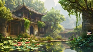 夏日荷塘小楼