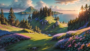 傍晚海边花海