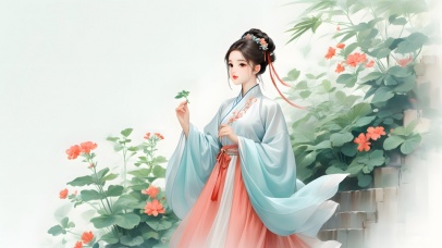 绿色护眼古风美女手绘花朵插画3