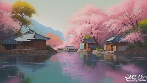 4K唯美樱花村庄湖景