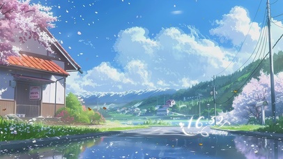 蓝天白云樱花房屋树木景色