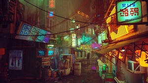 4k 赛博朋克雨天城市街道