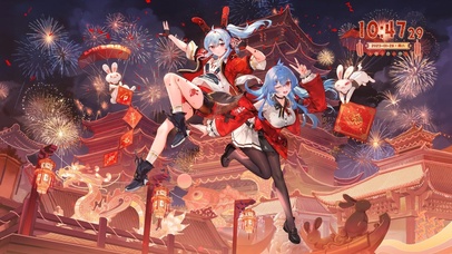 新年古风阁楼可爱蓝发少女