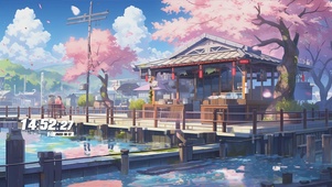 蓝天白云樱花景色