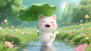 荷叶撑伞猫咪