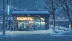 夜晚雪中自动贩卖机