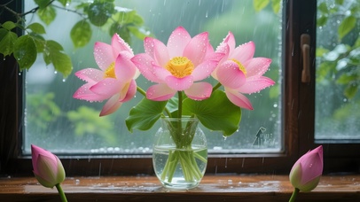 雨天窗台荷花