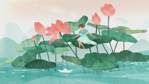 夏天卡通少女荷花