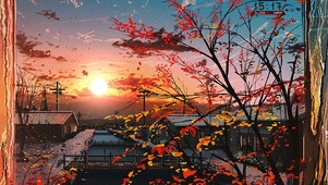 4k治愈日系枫叶夕阳