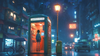 夜晚电话亭中的女孩
