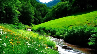 大自然风景绿色护眼森林山小溪流