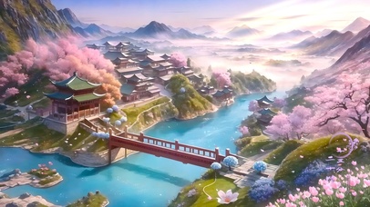 国风山水桃花古镇