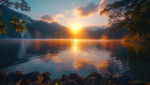 晨雾岛屿湖泊