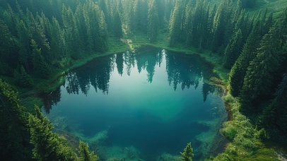 绿色护眼松树环绕的圆形水塘