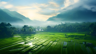 绿色唯美山间稻田