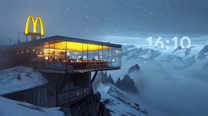 4K高清雪山崖边的温馨店铺