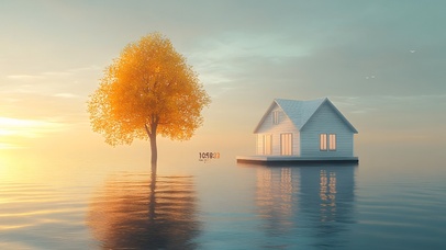 初秋金色湖水大树