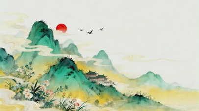 国风水墨，青山衔红日