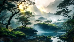 森林雾气水潭