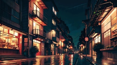夜晚雨中居民区