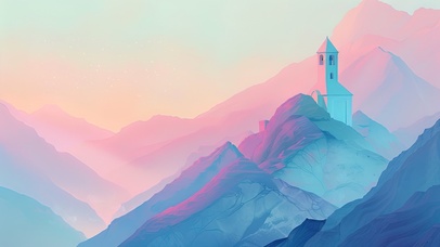 淡雅渐变山脉古堡