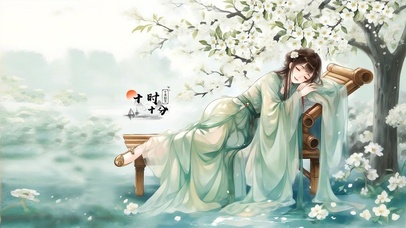 梨树下在藤椅上睡着的少女