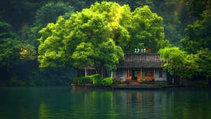 唯美湖中小屋