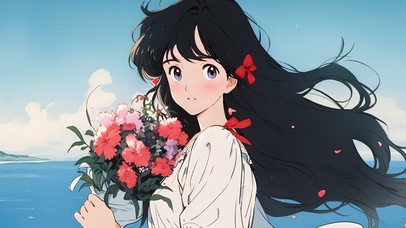 经典海边捧花少女