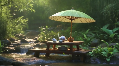 雨中伞下品茶