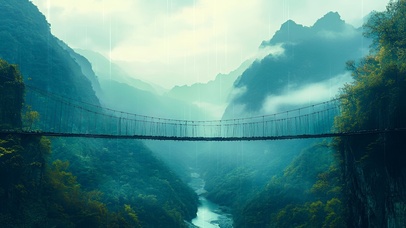 雨雾山谷吊桥