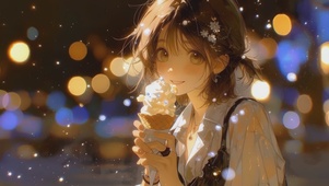 温馨街道吃冰激凌少女