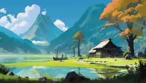 清新 湖边小屋