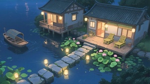 夜晚荷塘人家
