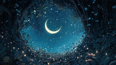 树洞里的弯月微光夜晚