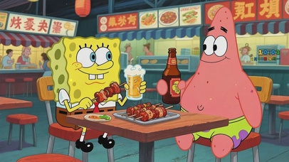海绵宝宝和派大星快乐吃宵夜