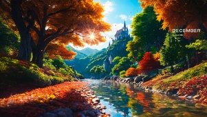 城堡秋叶小溪