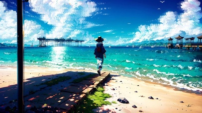 沙滩上走向大海的女孩