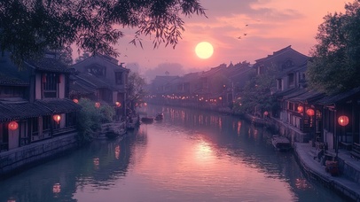 江南水乡的粉色黄昏
