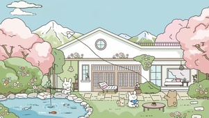 卡通兔兔插画樱花房子