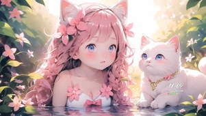 女孩猫咪溪水