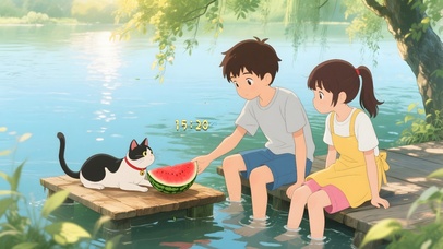 湖边吃西瓜乘凉