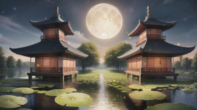 荷塘中的古风建筑