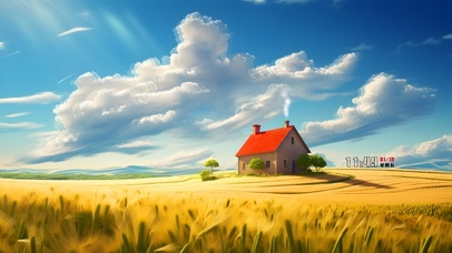 阳光白云稻田小屋