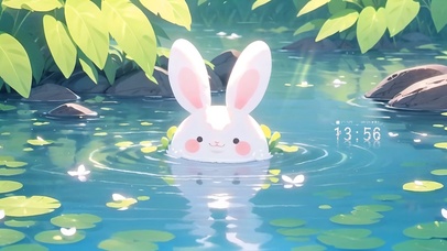 池塘戏水小兔