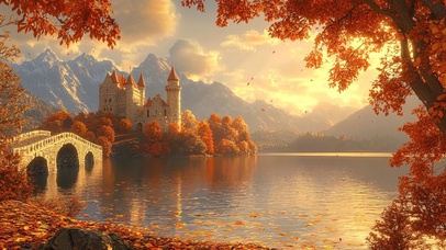 红叶秋日唯美湖畔城堡