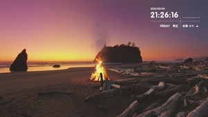 夕阳海边篝火