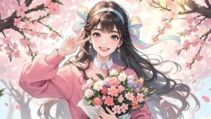 桃花树下的少女