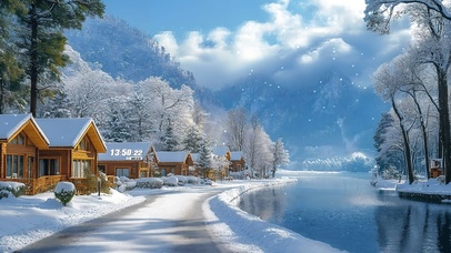 清新冬日湖畔城镇