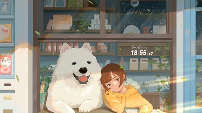 可爱女孩和萨摩耶狗狗