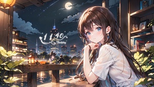城市湖边房间少女